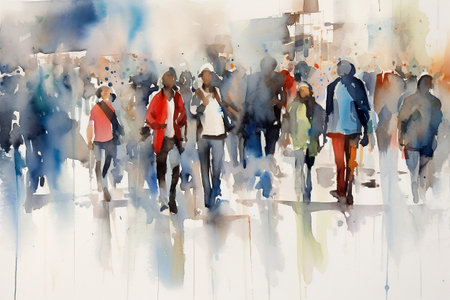 Watercolor illustration: panorama of a city street with people walking, Crowd of people. Meeting on the street. Generative ai.の素材