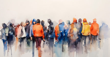 Watercolor illustration: panorama of a city street with people walking, Crowd of people. Meeting on the street. Generative ai.の素材