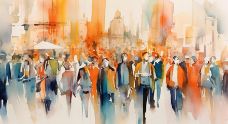 Watercolor illustration: panorama of a city street with people walking, Crowd of people. Meeting on the street. Generative ai.の素材