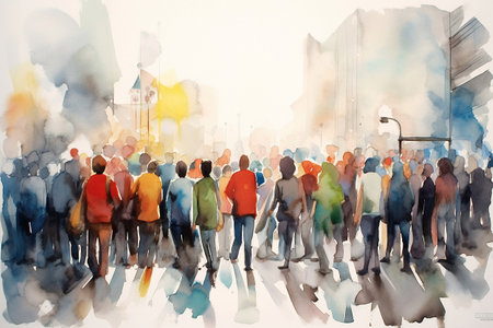 Watercolor illustration: panorama of a city street with people walking, Crowd of people. Meeting on the street. Generative ai.の素材