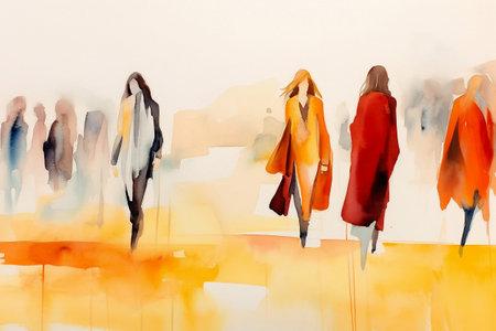 Watercolor illustration: panorama of a city street with women walking people. Generative ai.の素材