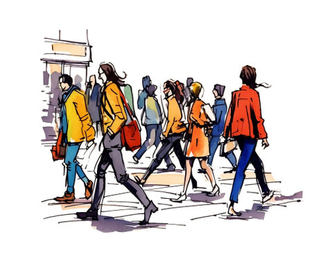 Illustration: a crowd of people walking along a city street. Sketch made with marker and watercolor. Generative ai.の素材
