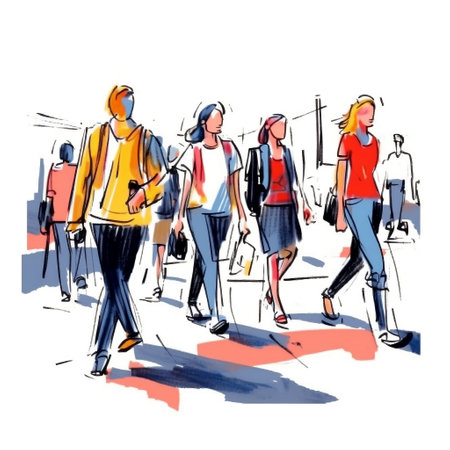 Illustration: a crowd of people walking along a city street. Sketch made with marker and watercolor. Generative ai.の素材