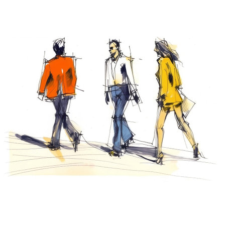 Illustration: three people walking along a city street. Sketch made with marker and watercolor. Generative ai.の素材