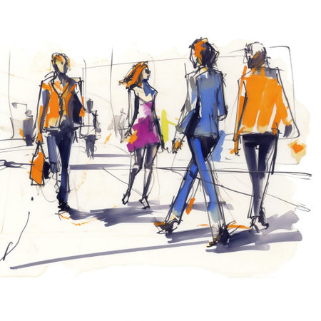 Illustration: a crowd of people walking along a city street. Sketch made with marker and watercolor. Generative ai.の素材