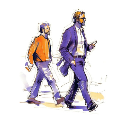 Illustration: two men in business suits walking along a city street. Sketch made with marker and watercolor. Generative ai.の素材