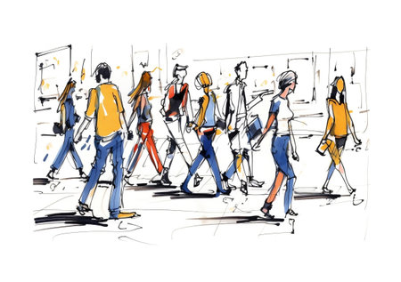 Illustration: a crowd of people walking along a city street. Sketch made with marker and watercolor. Generative ai.の素材