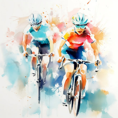Watercolor illustration with a splashes and streaks of paint: cyclists ride. AIの素材