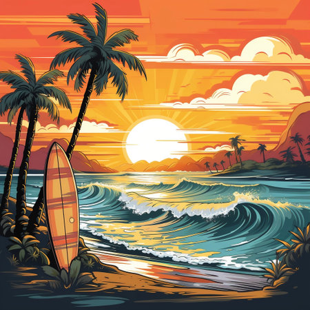 Surfboards on a sandy beach, palm trees and sea waves in background. Sunset colors, retro style. AIの素材