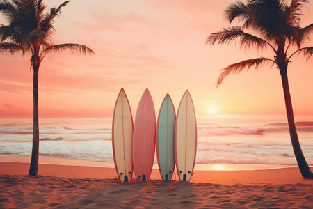 Surfboards on a sandy beach, palm trees and sea waves in background. Sunset colors, retro style. AIの素材