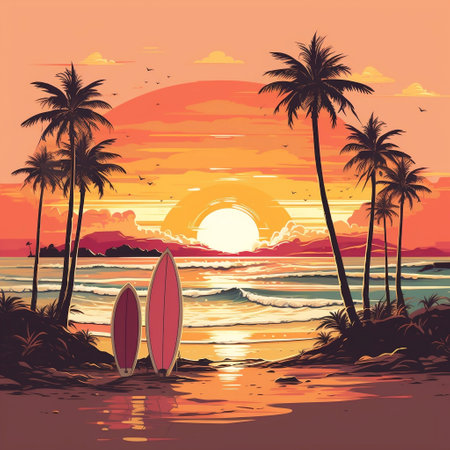 Surfboards on a sandy beach, palm trees and sea waves in background. Sunset colors, retro style. AIの素材