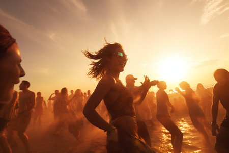 Young beautiful woman dancing at a beach party surrounded by other people. AI generated.の素材