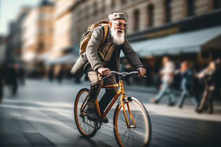 An elderly man rides a bicycle along a city street. Active life in retirement. Generative ai.の素材