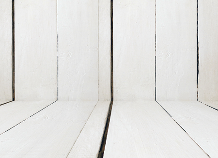 Old wooden style white floor stage and wall for display of product or backgroundの写真素材