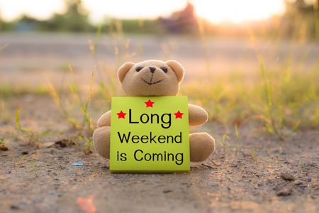 lonely teddy bear with word Long Weekend is Comingの写真素材