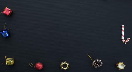 Gift boxes and Christmas decorations, border design, on isolated backgroundの写真素材