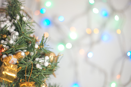 Gift boxes and ornaments in Merry Christmas and Happy New Year concept with bokeh background, can be use for make a greeting cards.の写真素材