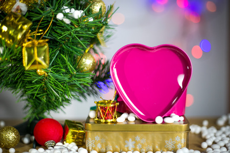 Gift boxes and ornaments in Merry Christmas and Happy New Year concept with bokeh background, can be use for make a greeting cards.の写真素材