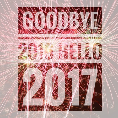 Goodbye 2016 Hello 2017 words on fireworks backgroundの写真素材