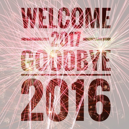 Goodbye 2016 Hello 2017 words on fireworks backgroundの写真素材