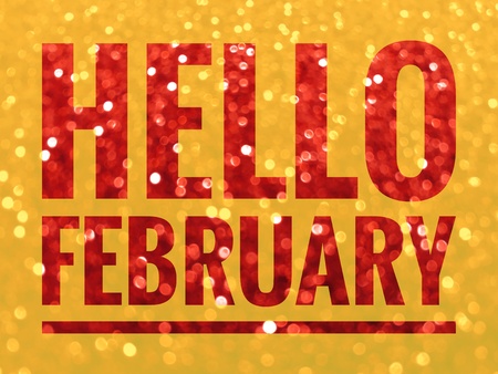 Hello February words on red shiny glitter abstract backgroundの写真素材