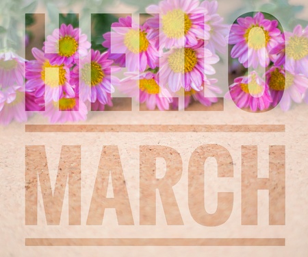 Hello March words on pink flower and wooden background.の写真素材