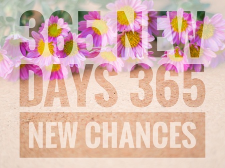 365 New Days 365 New Chances words on pink and wooden backgrounの写真素材