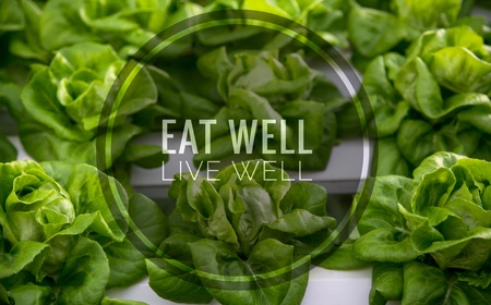 Eat well live well words on green vegetable hydroponic food background.の写真素材
