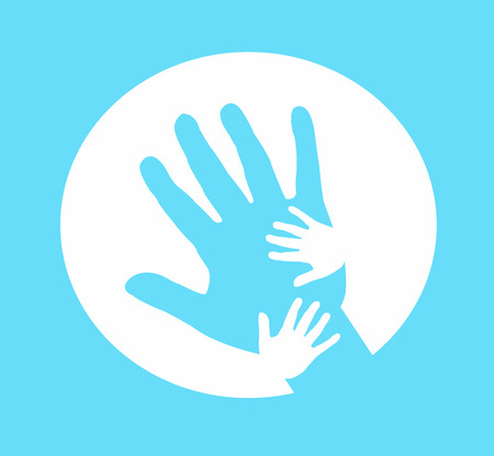Hand together, Hand of Adult and Kid on blue.の写真素材