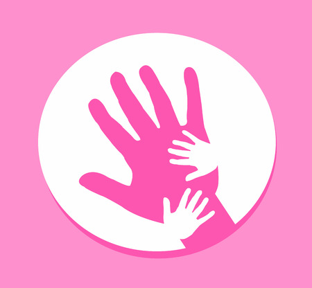 Hand together, Hand of Adult and Kid on pinkの写真素材