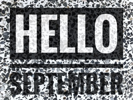 Hello September words on black and white marble table background.の写真素材