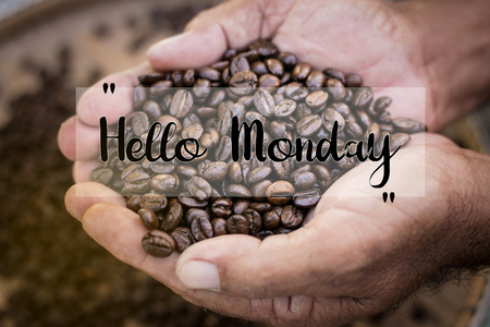 Hello Monday words on coffee beans backgroundの写真素材