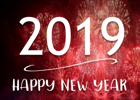 2019 Happy New Year words on firework background, Happy new year card.