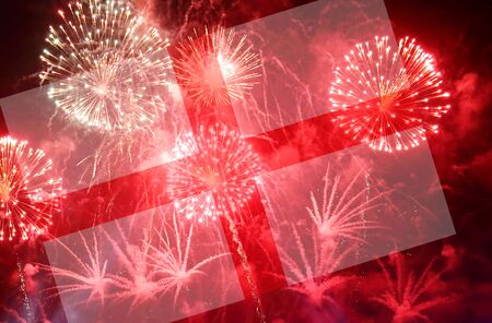 fireworks background on celebration night with England flag.