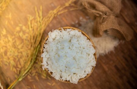 Rice and Uncooked rice grains, food background.の写真素材