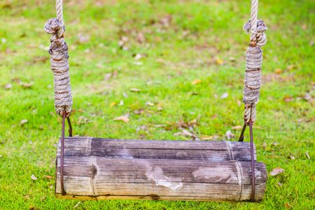 Green grass with wooden swing, green natural background.の写真素材