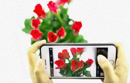 woman hand taking photos of red roses bouquet with oil painting effect.の写真素材