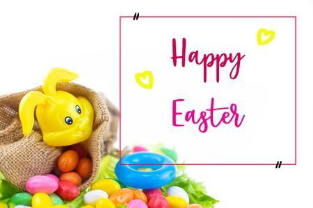 Happy Easter Day isolated on white background. Multi color of Eggs and rabbit.