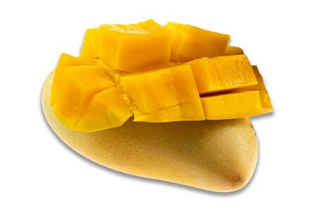 Yellow mango and mango slice isolated white background.の写真素材