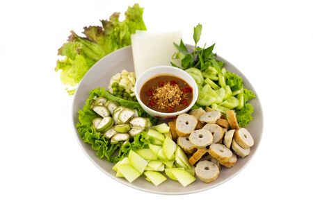 Vietnamese food - Nam Neung isolated on white background, Grilled pork serve with vegetables. Healthy food.の写真素材