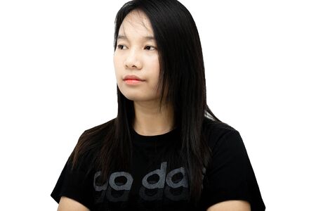 Portrait of asain woman thinking at camera, Boring girl isolated on white background.の写真素材