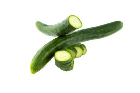 Long green cucumber isolated on white background.の写真素材