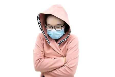 Woman wear face mask for sickness coronavirus protection. Female human wear warm clothes with clipping path.の写真素材