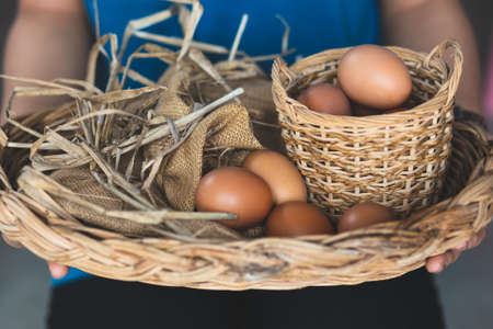 Fresh chicken eggs in a basket and carton box.の写真素材