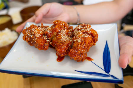Yangnyeom Chicken, Korean Fried Chicken, Tteokbokki, Bokkeumbap: Korean food.の写真素材