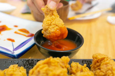 fried chicken pieces with ketchup.の写真素材