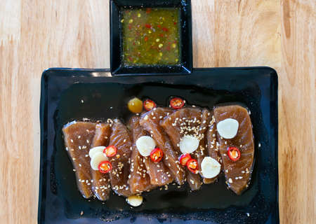 Salmon marinated shoyu or salmon pickled soy sauce in Korean style.の写真素材