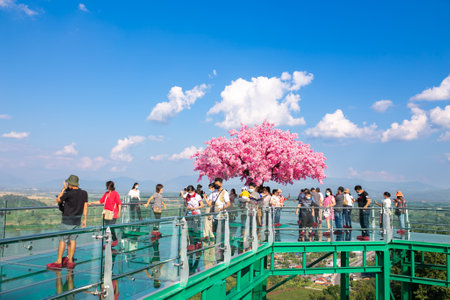 Chiang Rai, Thailand - November 3, 2022: Visitors walk on sky walk at Wat Phra That Pha Ngao in Chiang Saen district, Golden Triangle of Thailand, Myanmar and Laos.のeditorial素材