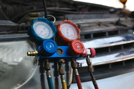 Close up of oil pumps in a car with a manometer.の写真素材