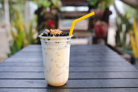 Cold drinks grass jelly with caramel mixed milk tea.の写真素材
